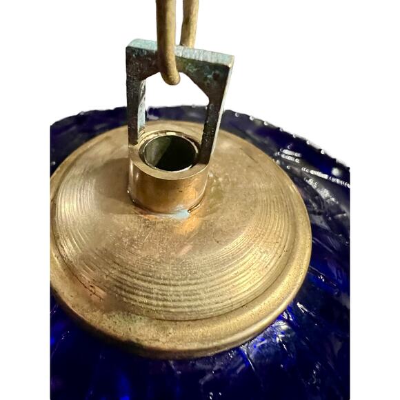 Vintage Cobalt Blue Hundi Glass Lantern-23'' Brass-Bell Pendant Hanging Light - Picture 9 of 13